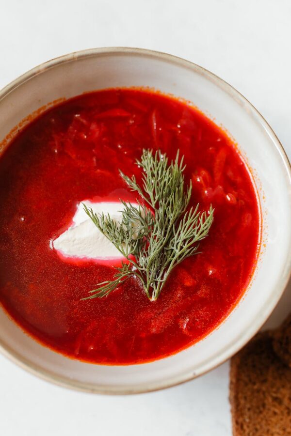 Red Soup in White Ceramic Bowl